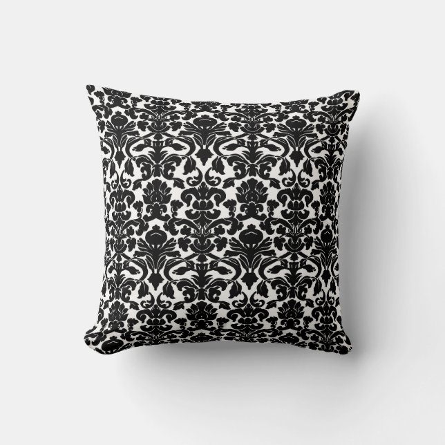 Almohada blanco y negro floral del damasco del (Anverso)