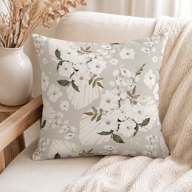 Almohada bohemio floral neutra con flores blancas (Throw Pillow
)