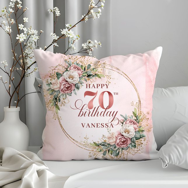 Almohada Boho Rosa Claro con Verdor Cumpleaños 70 (Light Pink Boho Pillow with Greenery 70th Birthday Pillow)