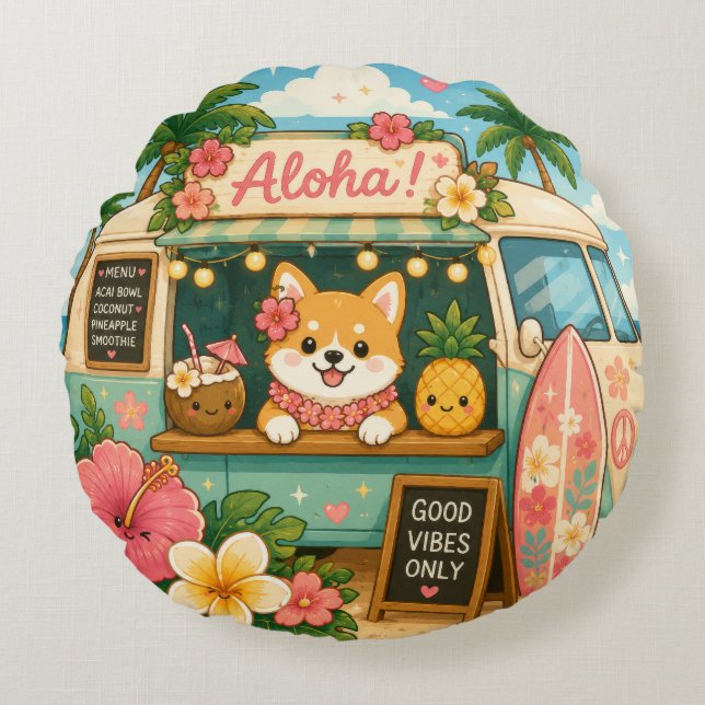 Almohada circular kawaii de Hawaii linda (Anverso)