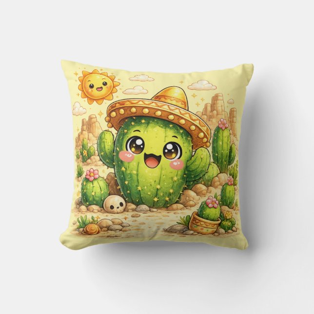 Almohada Cojín Cactus Feliz Kawaii (Anverso)