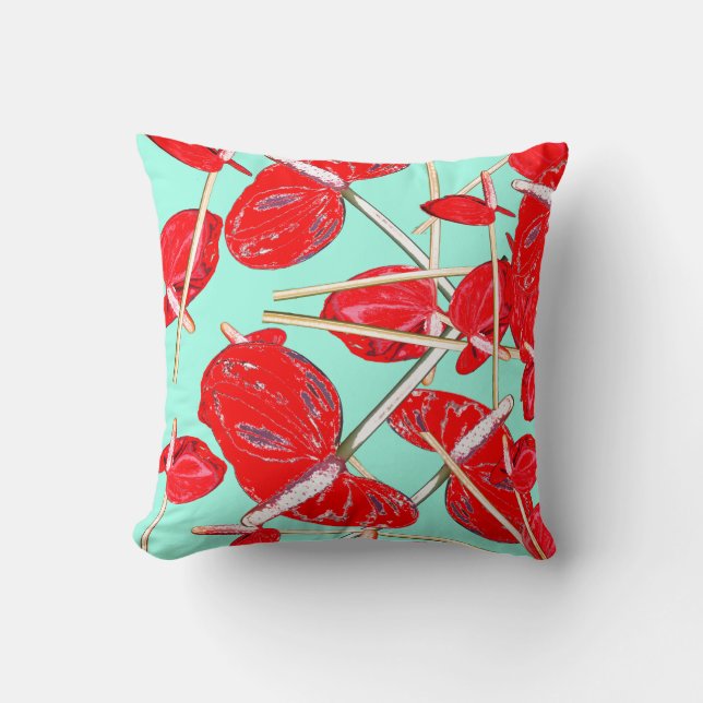 Almohada Cojín Flores Anthurium Rojo Patrón (Anverso)