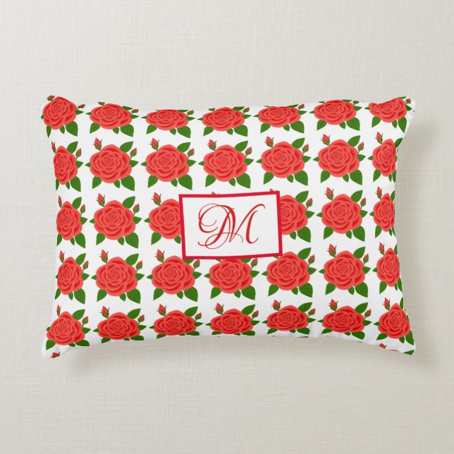 Almohada con acento de monograma de rosas rojas co (Anverso)