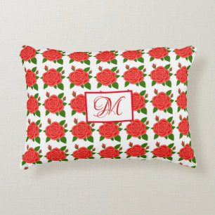 Almohada con acento de monograma de rosas rojas co