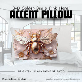 Almohada con acento floral rosa y abeja dorada 3D