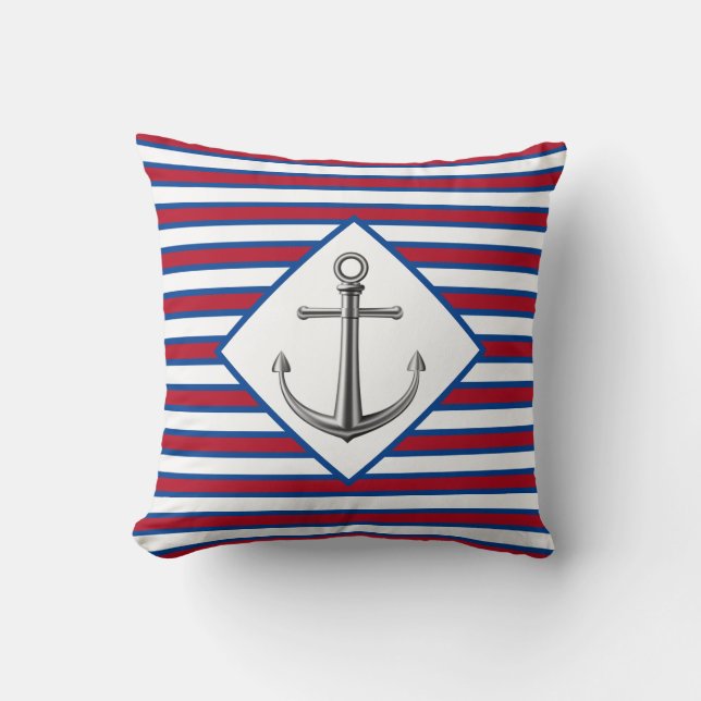 Almohada con ancla plateada y rayas (Anverso)