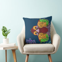 Almohada con arte de pez abstracto en escritura ta