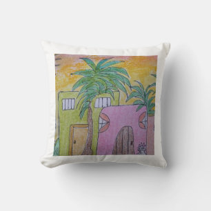 Almohada con Cabañas de Playa y Cielos Dorados