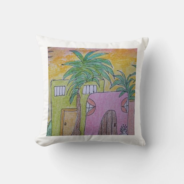 Almohada con Cabañas de Playa y Cielos Dorados (Anverso)