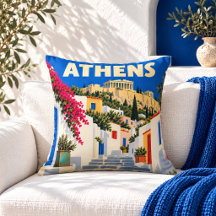 Almohada con cartel de viaje vintage de Atenas Gre