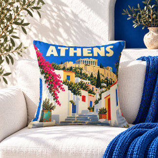 Almohada con cartel de viaje vintage de Atenas Gre