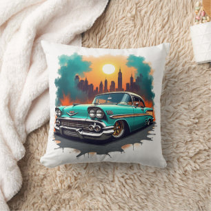 Almohada con coche retro y paisaje urbano