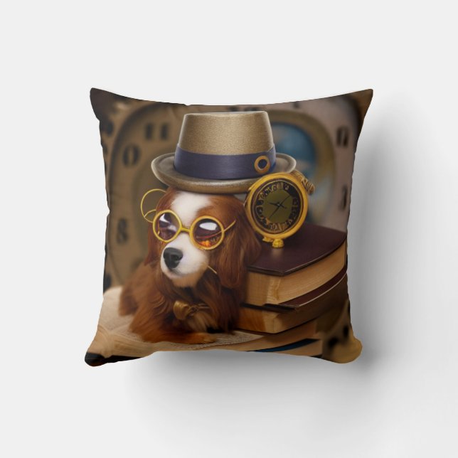 Almohada con cocker spaniel steampunk con libros (Reverso)
