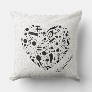 Almohada con Corazón de Notas Musicales en Blanco