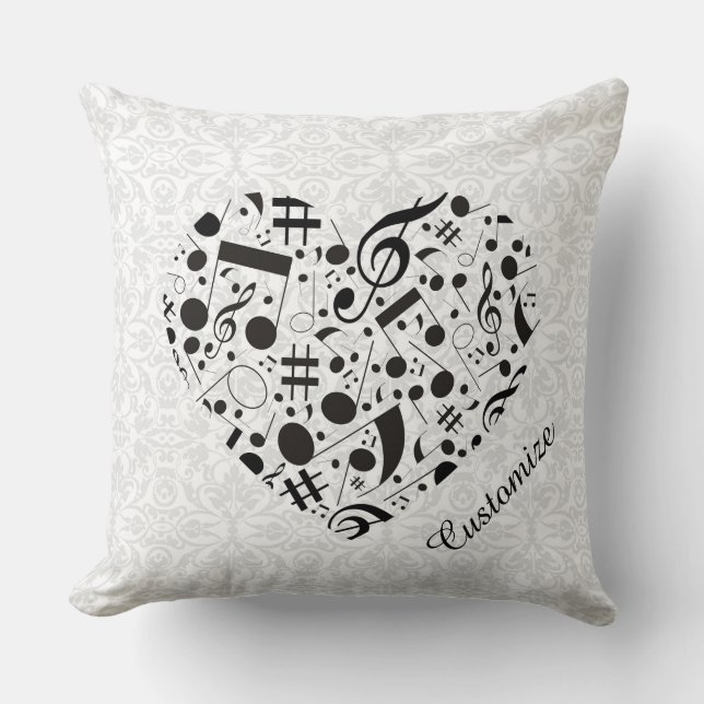 Almohada con Corazón de Notas Musicales en Blanco  (Anverso)
