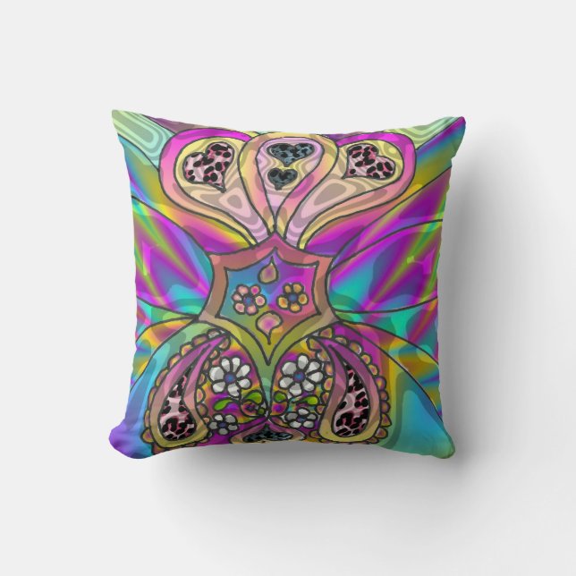 Almohada con Corazones Florales Psicodélicos Retro (Anverso)