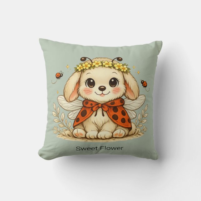 Almohada con corona de flores de conejo caprichoso (Anverso)