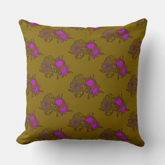 Almohada con estampado floral púrpura mostaza (Anverso)