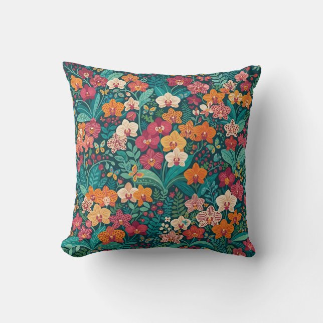 Almohada con flores abstractas de orquídeas y mari (Anverso)