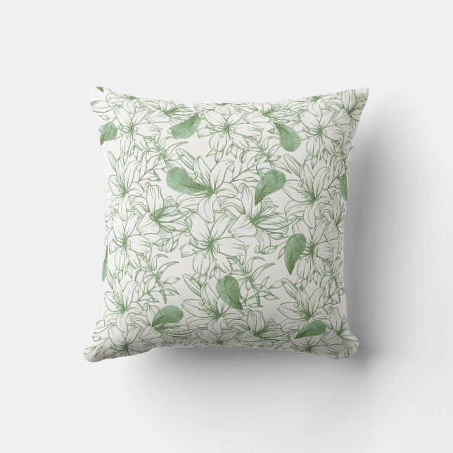 Almohada con flores estéticas en verde y blanco (Reverso)