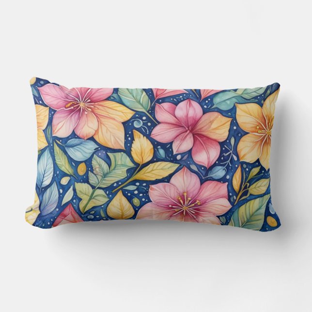 Almohada con fondo azul con hojas y flor (Anverso)