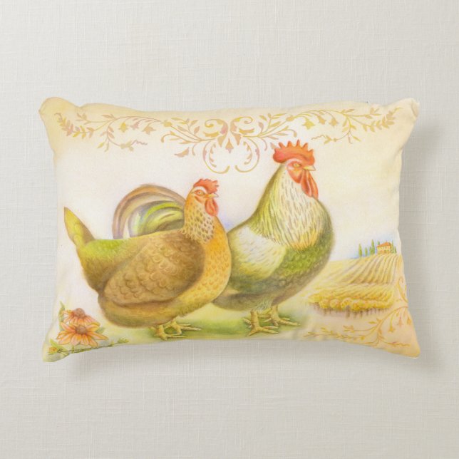 Almohada con gallo y gallina en el campo italiano (Anverso)