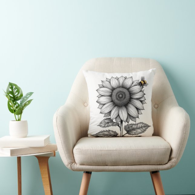Almohada con girasol y abeja en blanco y negro (Silla)