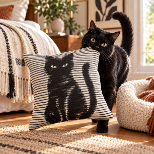 Almohada con gráfico de gato negro angustiado retr