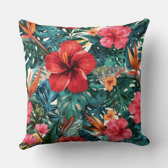 Almohada con hojas de Hibisco Tropical y Monstera  (Reverso )