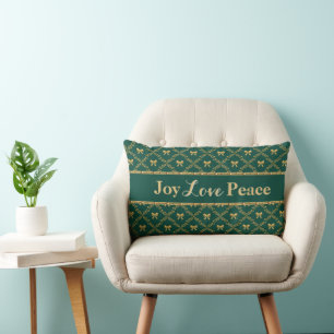 Almohada con lazo verde y dorado: Joy Love Peace