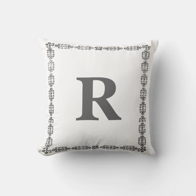 Almohada con marco de letra monograma blanco y neg (Anverso)