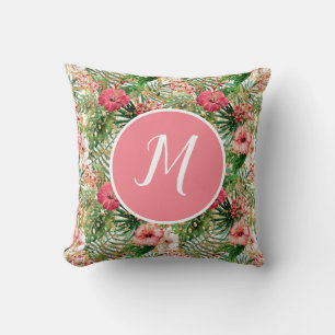 Almohada con monograma botánico tropical