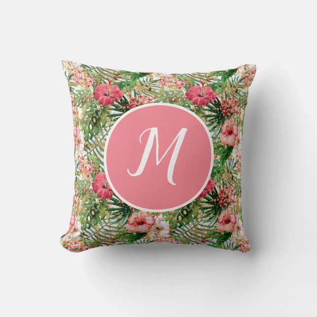 Almohada con monograma botánico tropical (Anverso)