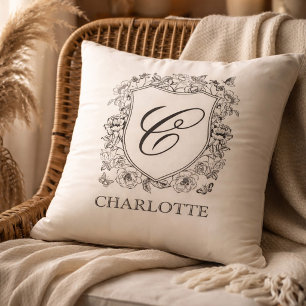 Almohada con monograma de cresta floral elegante n