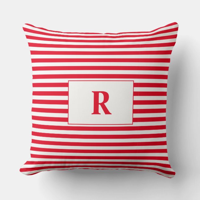 Almohada con Monograma de Rayas Rojas y Blancas (Anverso)