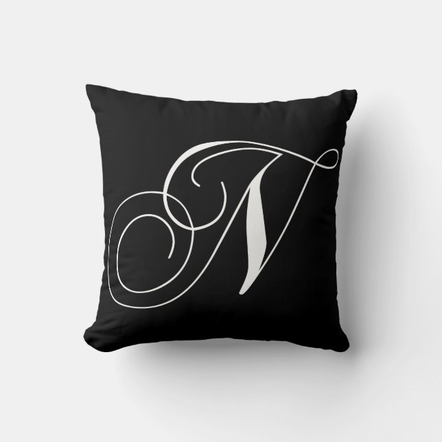 Almohada con monograma del diseñador blanco negro (Anverso)