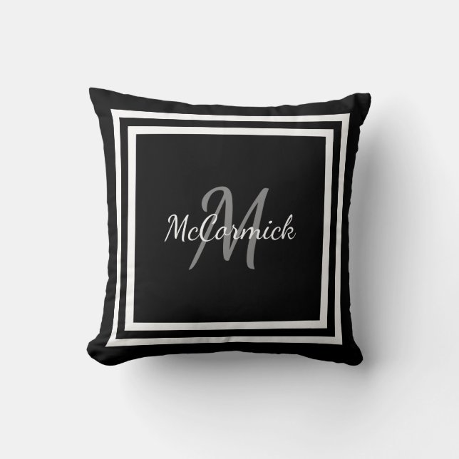 Almohada con monograma moderna blanca negra (Anverso)