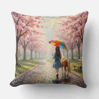 Almohada con niña con paraguas y pony en el parque