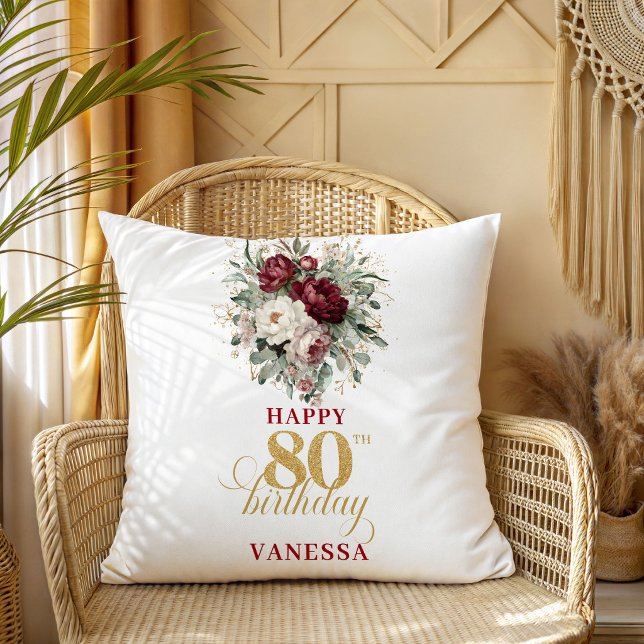 Almohada con nombre de cumpleaños 80 Burgundy Blus (Rustic Blush Burgundy 80th Birthday Name Pillow)