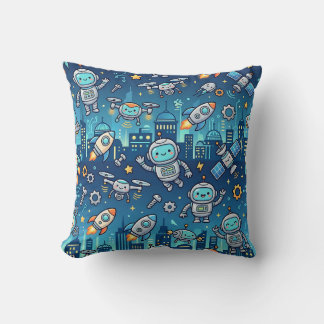 Almohada con patrón de ciudad futurista robot
