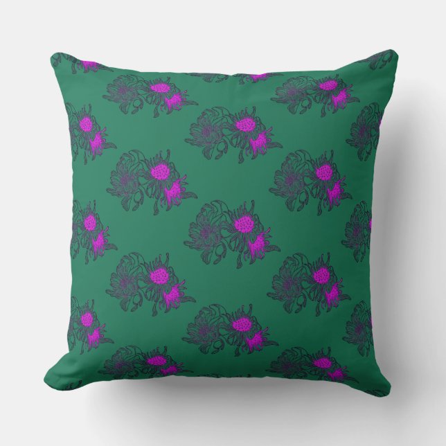 Almohada con patrón de crisantemo verde vintage (Anverso)