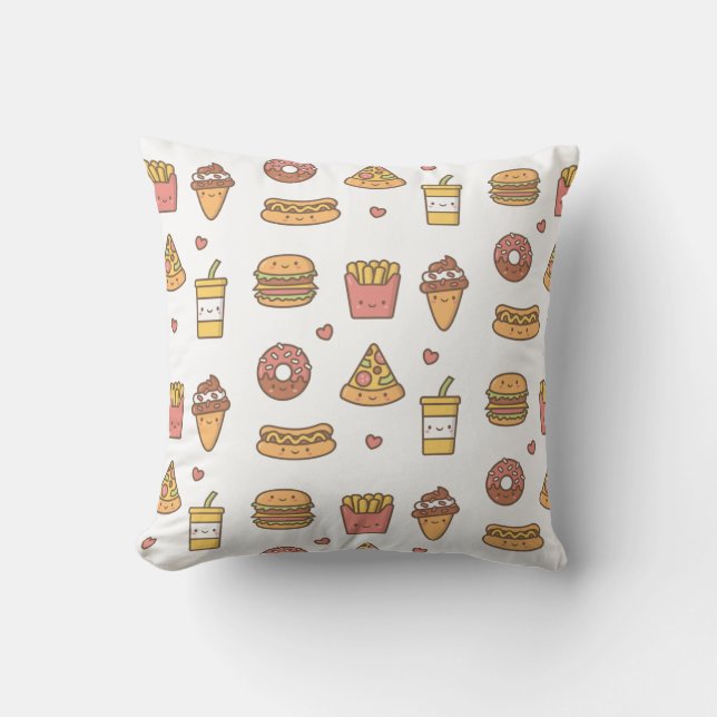 Almohada con patrón de divertidos dibujos de comid (Anverso)