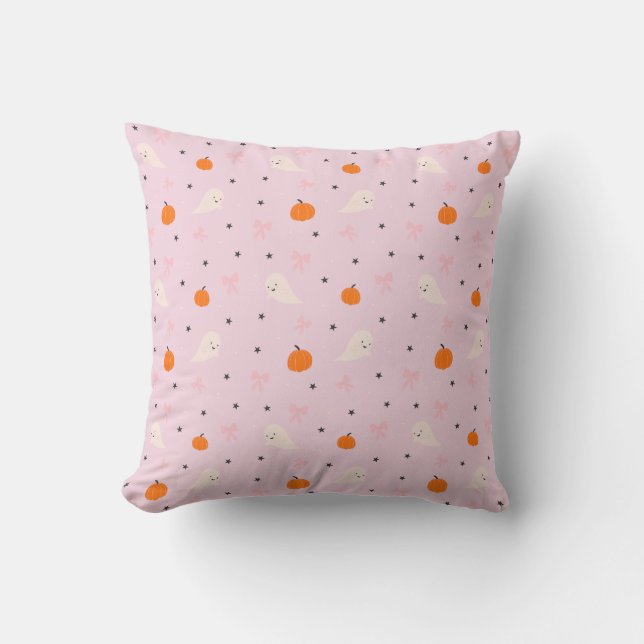 Almohada con patrón de fantasma de Halloween rosa  (Anverso)