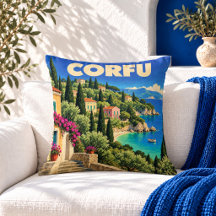 Almohada con póster de viaje vintage Corfú Grecia