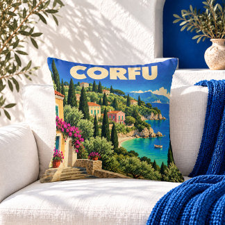 Almohada con póster de viaje vintage Corfú Grecia