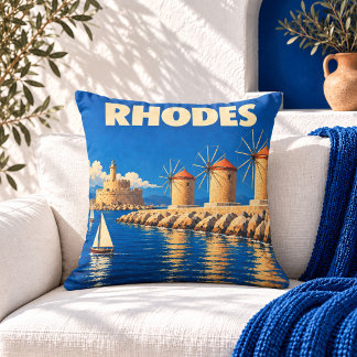 Almohada con póster de viaje vintage Rhodes Grecia