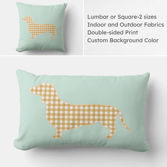 Almohada con silueta de perro salchicha a cuadros  (Gingham Dachshund lumbar or square pillow available in indoor and outdoor fabrics. Custom colors.)