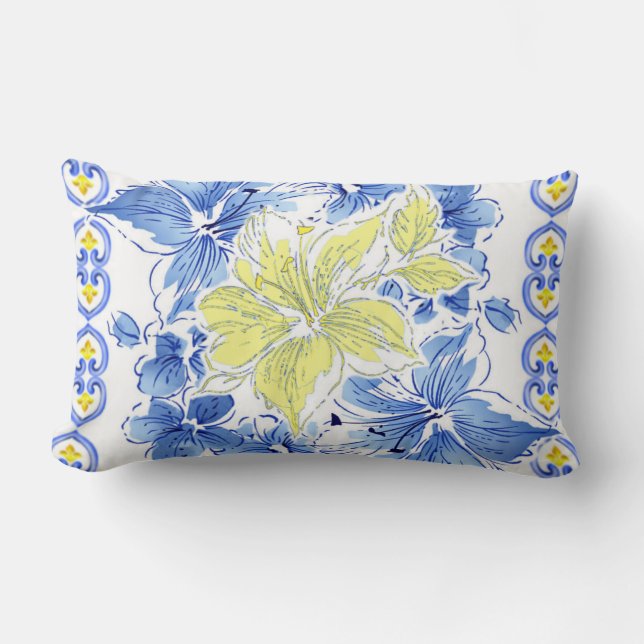 Almohada confinada floral azul y amarilla (Anverso)