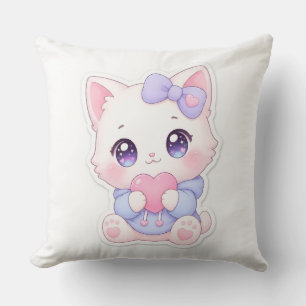 Almohada Corazón de Gatito Blanco Kawaii y Lazo Pú