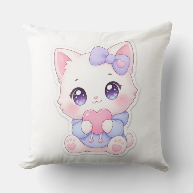 Almohada Corazón de Gatito Blanco Kawaii y Lazo Pú (Anverso)